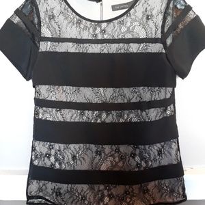 Black and tan blouse with lace